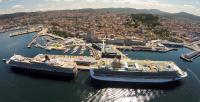 Cruceros atracados en la terminal de trasatlánticos del Puerto de Vigo y vistas de la ciudad